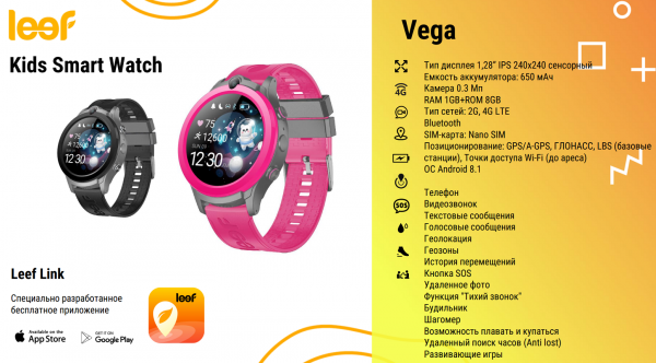Детские умные часы LEEF Vega, цвет розовый+серый