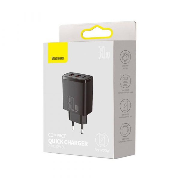 Компактное быстрое зарядное устройство Baseus 2U+C 30 Вт EU Black CCXJ-E01 — изображение 9