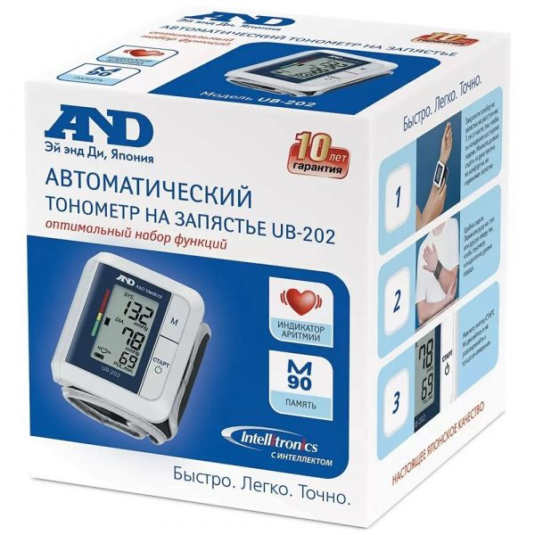 A&D Тонометр автоматический на запястье AND UB-202 с интеллектуальным управлением, индикатором аритмии, памятью на 90 измерений I00023 — изображение 3