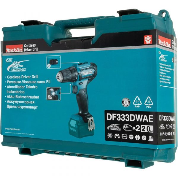 Дрель Makita аккумуляторная,12В,2х2АчLi-ion,БЗП-10мм,0-4501700обм,3014Н м,1.1кг,179x66x212,чем,подсв — изображение 18