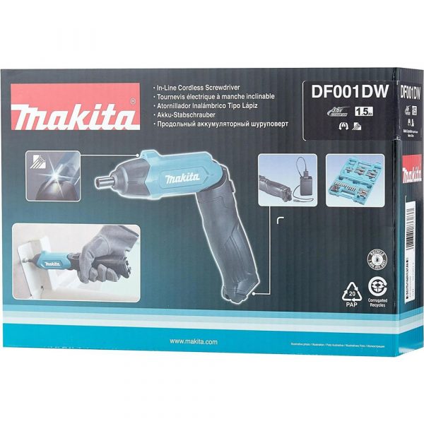 Отвертка аккумуляторная Makita 3.6В, Встроенный аккумулятор, 220 обм,4.5Нм,6-ти гран14",0.4кг,подсветка, Набор Аксесс — изображение 7