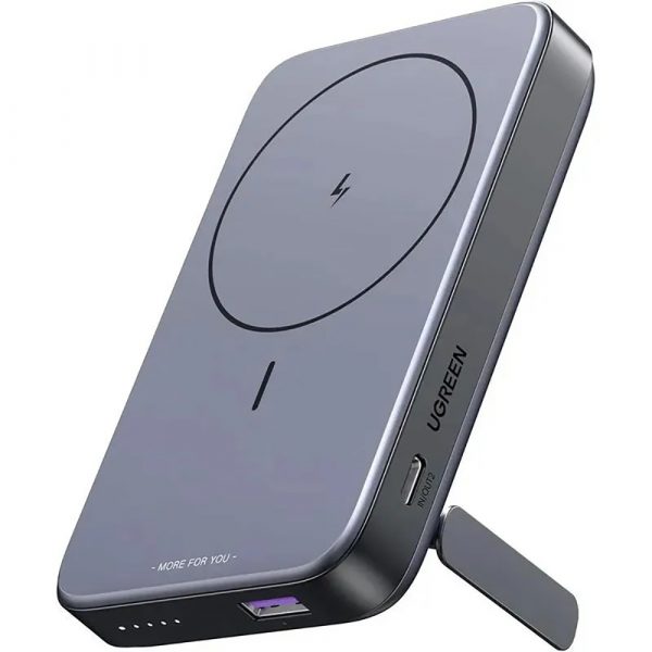 Внешний магнитный аккумулятор UGREEN (PB206) 15086 10000mAh MIni Magnetic Wireless 20W Power Bank With Holder. Цвет: серый космос