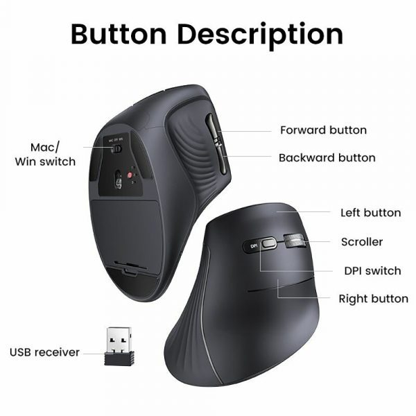 Беспроводная компьютерная мышь вертикальная UGREEN MU008 (25444) Wireless Vertical Mouse 2.4 GHz&BT. Цвет: черный — изображение 11