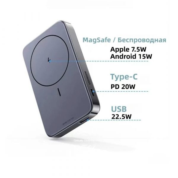 Внешний магнитный аккумулятор UGREEN (PB206) 15086 10000mAh MIni Magnetic Wireless 20W Power Bank With Holder. Цвет: серый космос — изображение 9