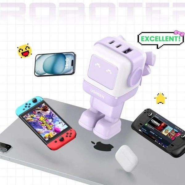 Сетевое зарядное устройство UGREEN CD361 (35291) Nexode RG 65W USB-A+2*USB-C Robot GaN Tech Fast Charger EU в виде робота. Цвет: сиреневый — изображение 13