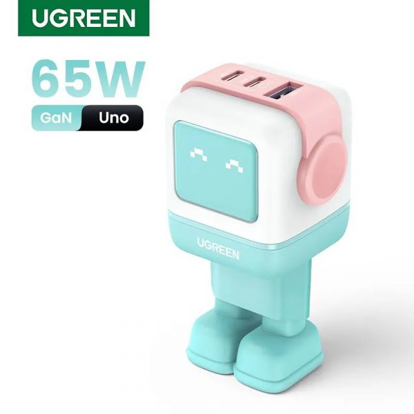Сетевое зарядное устройство UGREEN CD361 (35855) Nexode RG 65W USB-A+2*USB-C Robot GaN Tech Fast Charger EU в виде робота. Цвет: розово-голубой