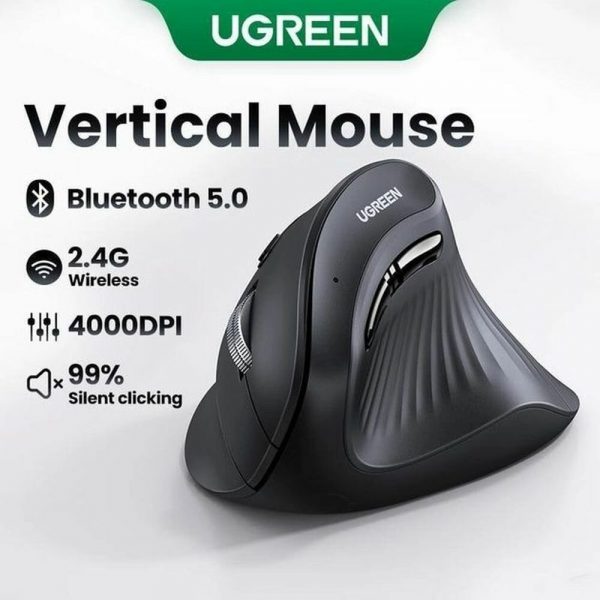 Беспроводная компьютерная мышь вертикальная UGREEN MU008 (25444) Wireless Vertical Mouse 2.4 GHz&BT. Цвет: черный — изображение 3