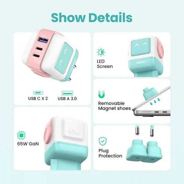 Сетевое зарядное устройство UGREEN CD361 (35855) Nexode RG 65W USB-A+2*USB-C Robot GaN Tech Fast Charger EU в виде робота. Цвет: розово-голубой — изображение 4