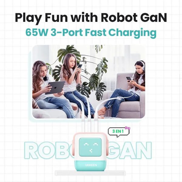 Сетевое зарядное устройство UGREEN CD361 (35855) Nexode RG 65W USB-A+2*USB-C Robot GaN Tech Fast Charger EU в виде робота. Цвет: розово-голубой — изображение 5
