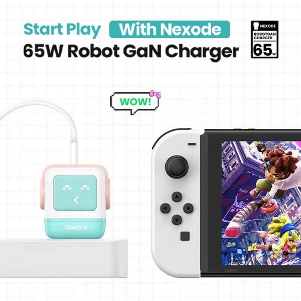 Сетевое зарядное устройство UGREEN CD361 (35855) Nexode RG 65W USB-A+2*USB-C Robot GaN Tech Fast Charger EU в виде робота. Цвет: розово-голубой — изображение 7