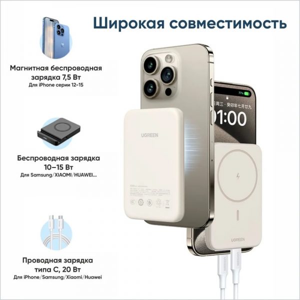Внешний аккумулятор магнитный UGREEN PB561 (25208) 10000mAh Magnetic Wireless 20W Power Bank. Цвет: белый — изображение 7
