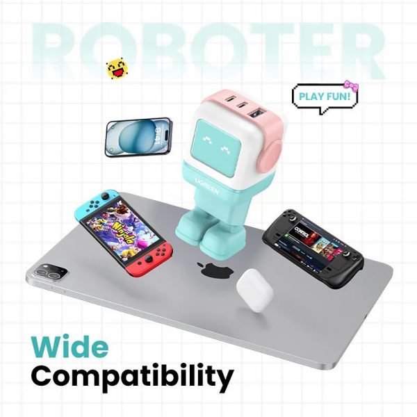 Сетевое зарядное устройство UGREEN CD361 (35855) Nexode RG 65W USB-A+2*USB-C Robot GaN Tech Fast Charger EU в виде робота. Цвет: розово-голубой — изображение 10