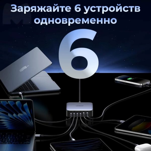 Сетевое зарядное устройство UGREEN CD271 (40914) Nexode 200W 2*USB-A+ 4*USB-C Desktop Charger (6-Port) - Gray — изображение 2