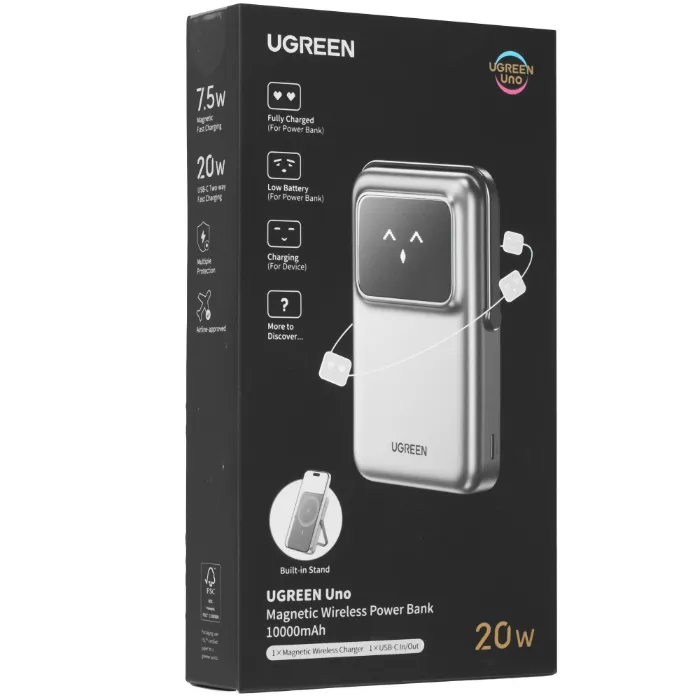 Внешний аккумулятор UGREEN PB572 (45327) UNO 10000mAh Mini Magnetic Wireless Robot 20W Power Bank с держателем. Цвет: серый — изображение 7
