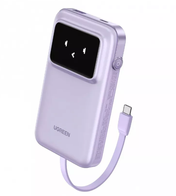 Внешний аккумулятор UGREEN PB511 (35604B) UNO 10000mAh 30W Power Bank with Display&Build-in со встроенным кабелем USB-C. Цвет: фиолетовый