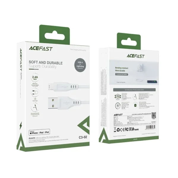Кабель ACEFAST C3-02 USB-A to Lightning TPE charging data cable для подзарядки и передачи данных. Цвет: белый — изображение 3