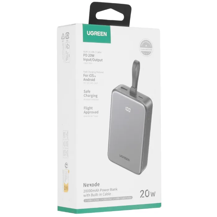 Внешний аккумулятор UGREEN PB505 (45762) 20000mAh Quick Charging Power Bank 20W Build-in USB-C Cable - Gray — изображение 6