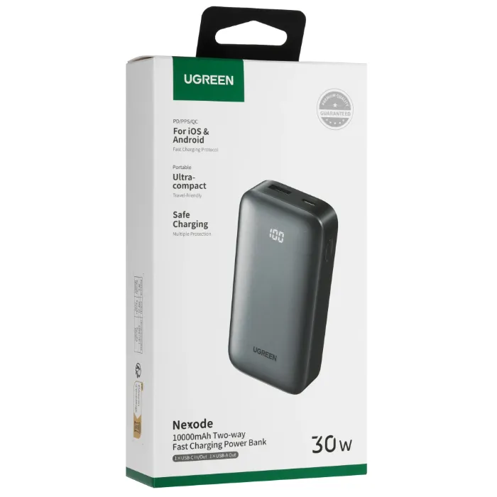 Внешний аккумулятор UGREEN PB502 (25185) 10000mAh Mini Quick Charging 30W Power Bank 30W with Digital Display - Grey — изображение 5