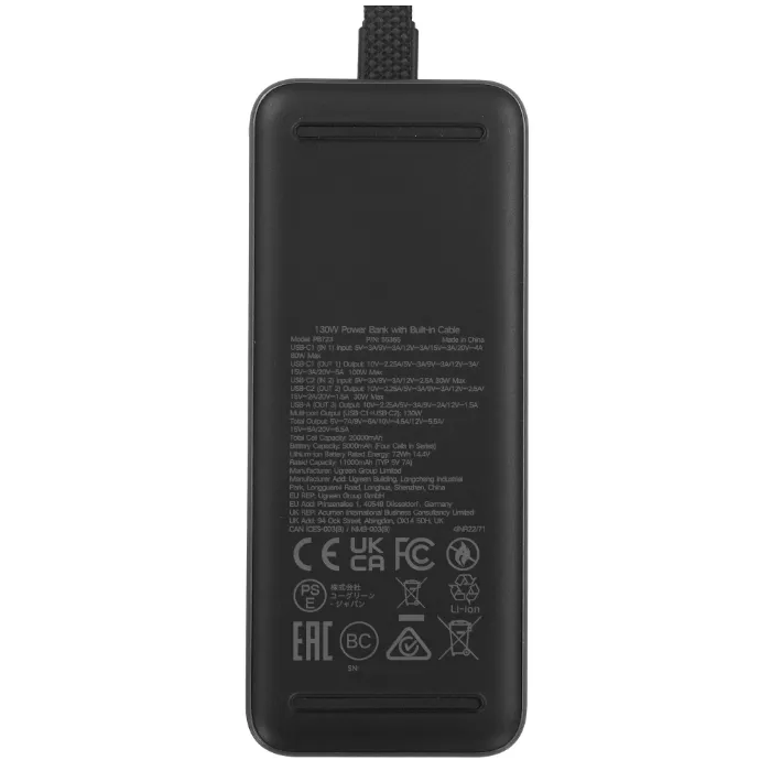 Внешний аккумулятор UGREEN PB723 (55365B) 130W Power Bank with Built-in Cable - Space Grey — изображение 3