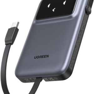 Внешний аккумулятор UGREEN PB511 (35603B) UNO 10000mAh 30W Power Bank with Display&Build-in USB-C Cable - Gray