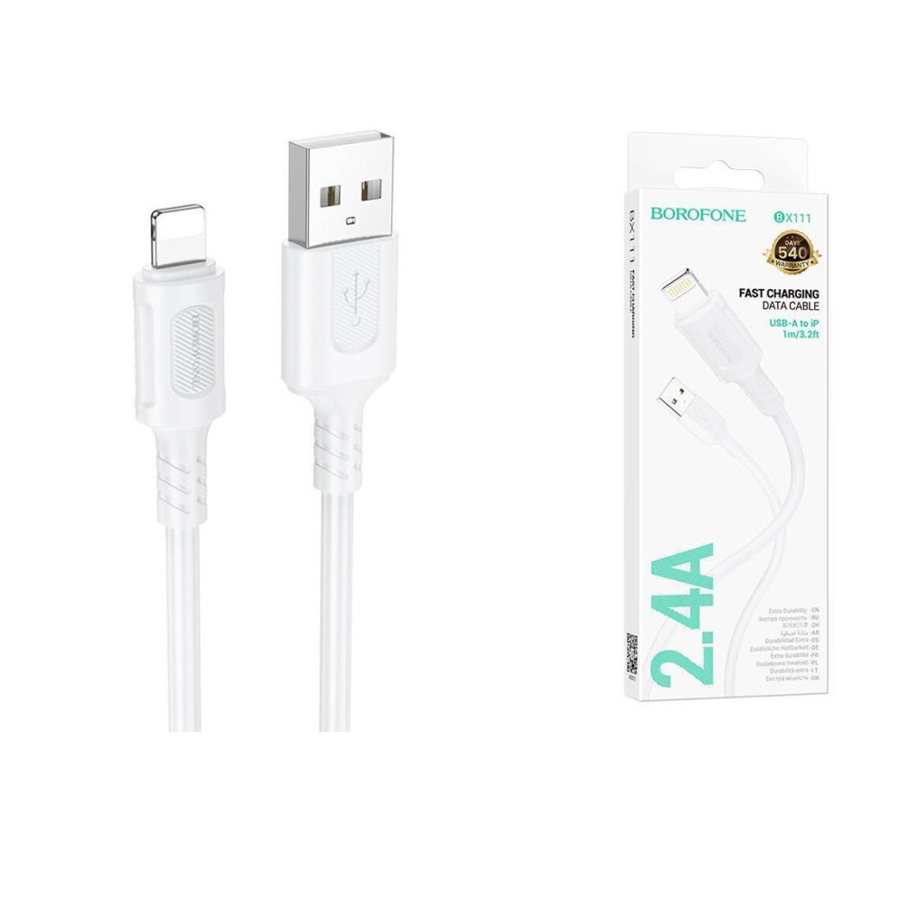 USB Кабель BOROFONE BX111 Feliz Lightning 8-pin, 2.4А, 1м, PVC (белый)