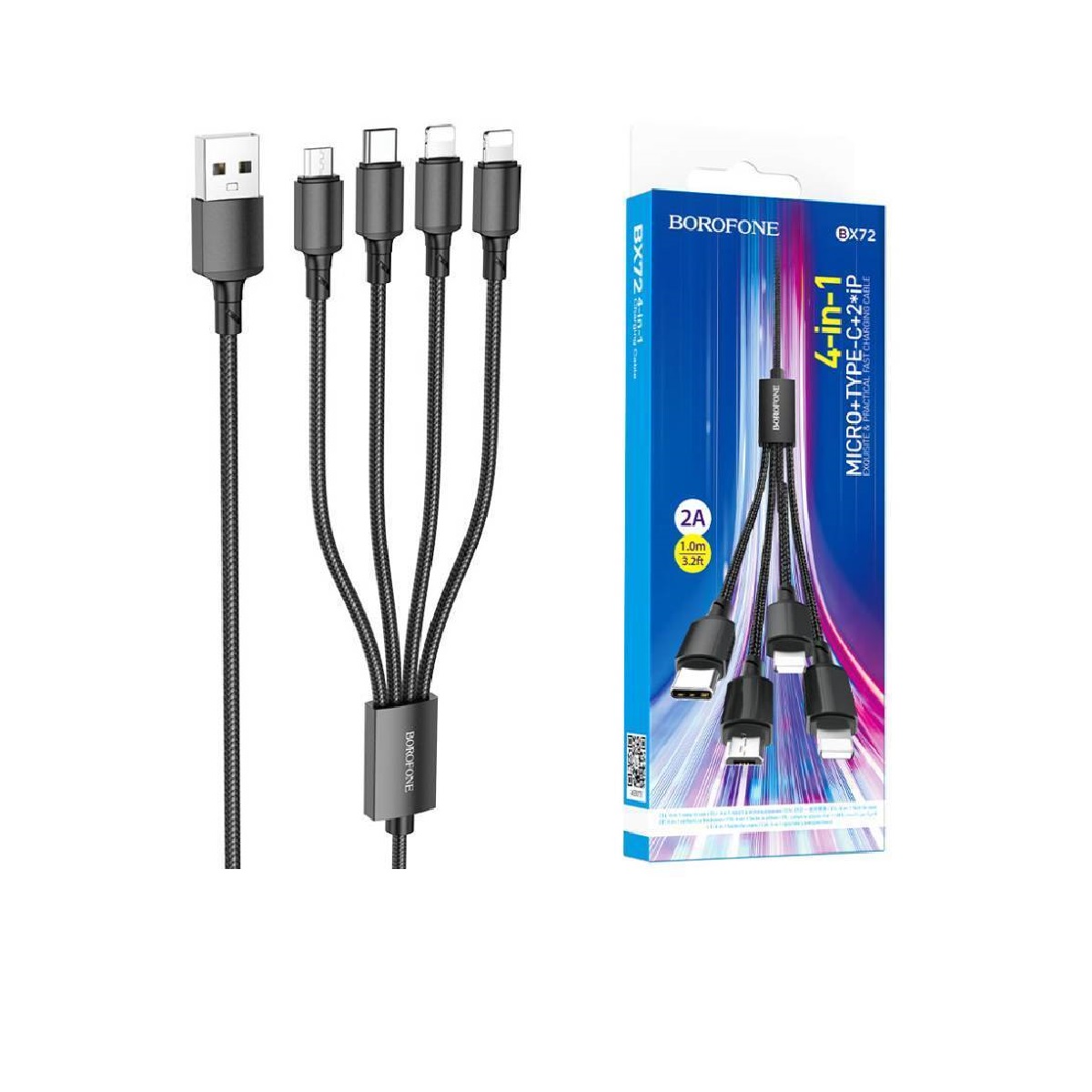 Кабель USB 4 в 1 BOROFONE BX72 Type-C/Lightning/Lightning/Micro 2.4A (черный) 1м