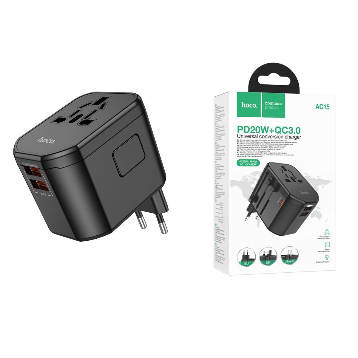 Сетевой адаптер-переходник Hoco AC15 Walker three-port PD20W(1C2A) универсальный зарядный конвертер (EU) Black (черный)