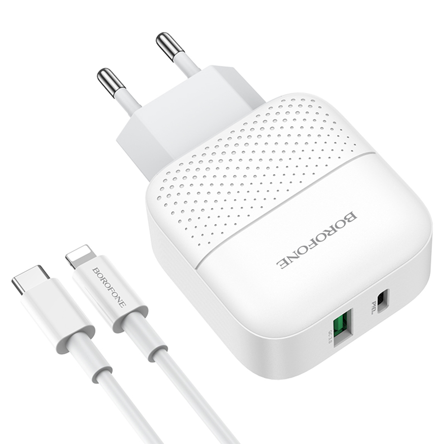 Сетевое зарядное устройство USB + USB-C + кабель Lightning - Type-C BOROFONE BA46A Premium PD+QC3.0 (белый)