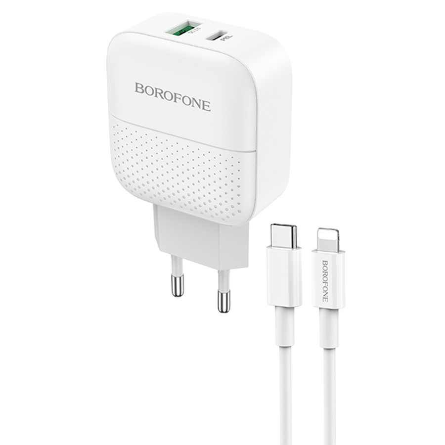 Сетевое зарядное устройство USB + USB-C + кабель Lightning - Type-C BOROFONE BA46A Premium PD+QC3.0 (белый) — изображение 2