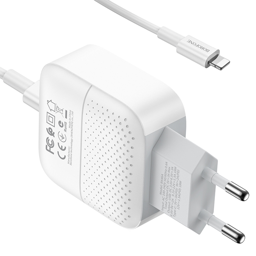 Сетевое зарядное устройство USB + USB-C + кабель Lightning - Type-C BOROFONE BA46A Premium PD+QC3.0 (белый) — изображение 3