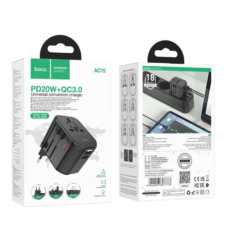 Сетевой адаптер-переходник Hoco AC15 Walker three-port PD20W(1C2A) универсальный зарядный конвертер (EU) Black (черный) — изображение 4