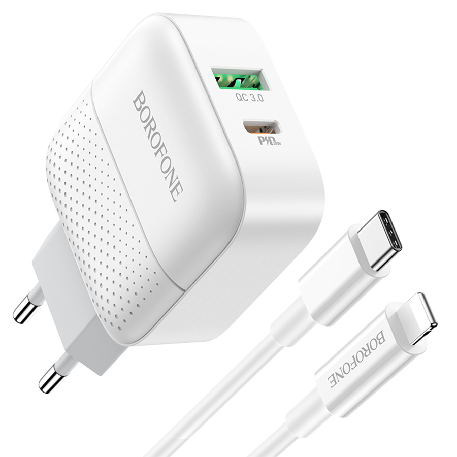 Сетевое зарядное устройство USB + USB-C + кабель Lightning - Type-C BOROFONE BA46A Premium PD+QC3.0 (белый) — изображение 4