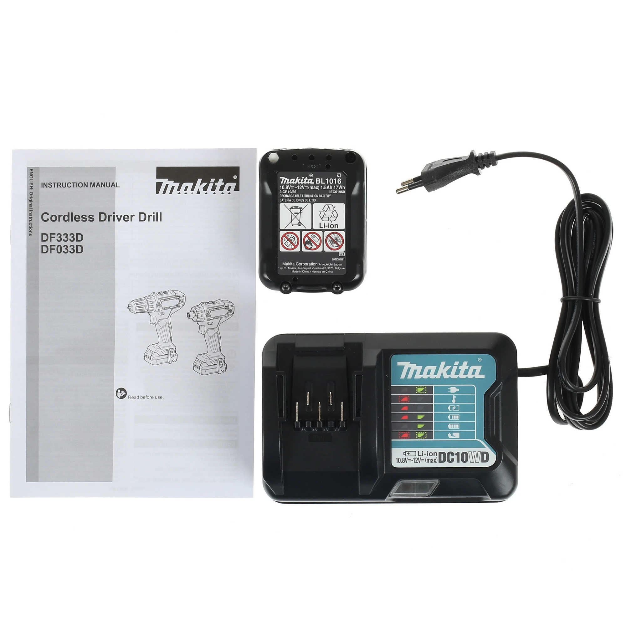 Дрель Makita DF333DWYE ак,12В,2х1.5АчLi-ion(слайдер),БЗП-10мм,0-4501700обм,3014Нм,1.1кг,179x66x212,чем,подсв — изображение 9