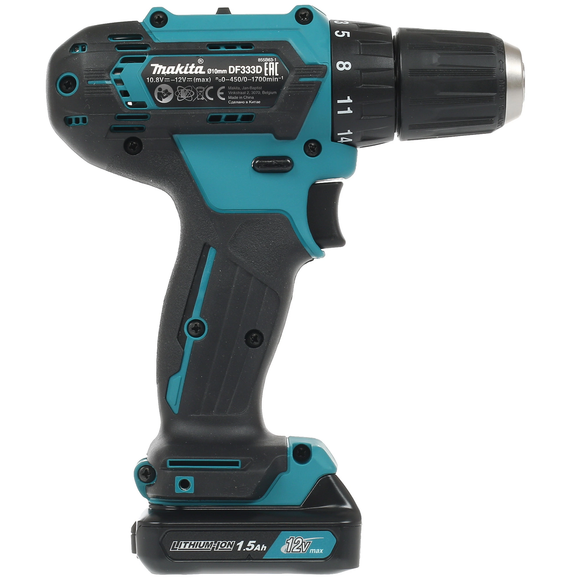 Дрель Makita DF333DWYE ак,12В,2х1.5АчLi-ion(слайдер),БЗП-10мм,0-4501700обм,3014Нм,1.1кг,179x66x212,чем,подсв — изображение 3