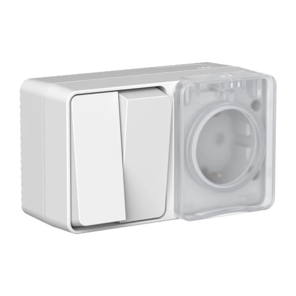 Блок открытого монтажа Systeme Electric AtlasDesign PROFI IP54: розетка с заземлением со шторками 16А, выключатель 2-клав.10А, серый
