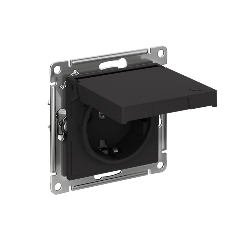 РОЗЕТКА Systeme Electric ATLASDESIGN с заземл. со шторк. с крышкой, 16А, IP20,мех., быстрозажимные клеммы, КАРБОН