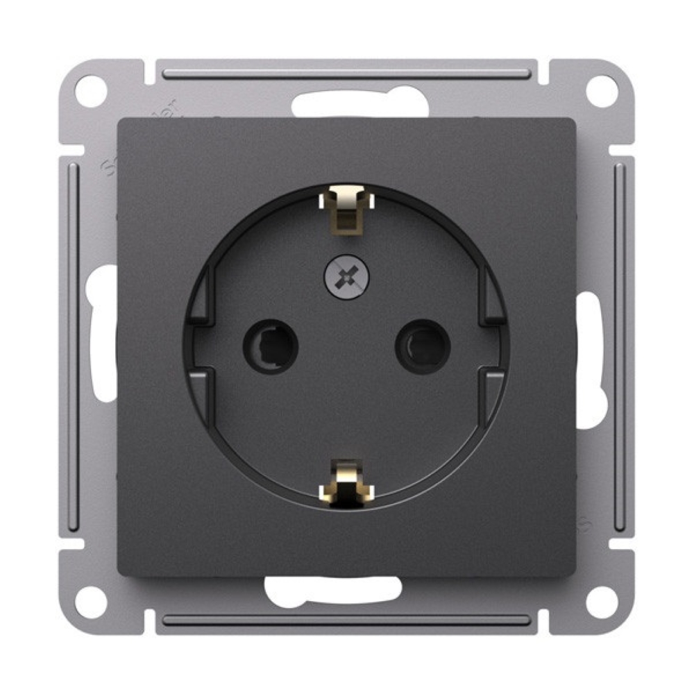 Розетка Systeme Electric ATLASDESIGN с заземлением со шторками, 16А, механизм, БАЗАЛЬТ